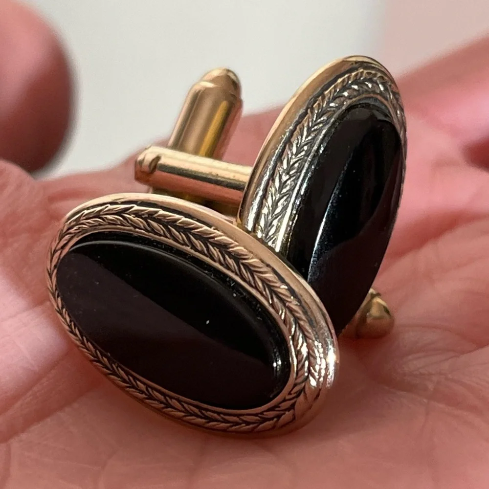 Vintage 60 70 Shield Victorian Oversized black onyx Brass Gold Cufflinks